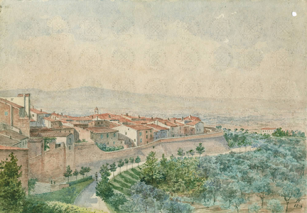 Montepulciano (Siena), veduta da casa Bracci Testasecca in un acquerello di Alberto Papafava